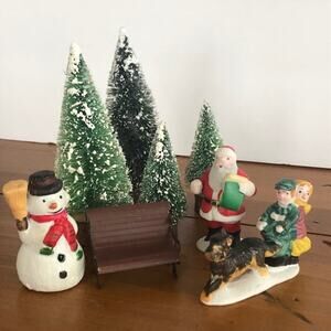 Vintage Lemax Christmas Village Figurines, Bottle Brush Trees & Bench